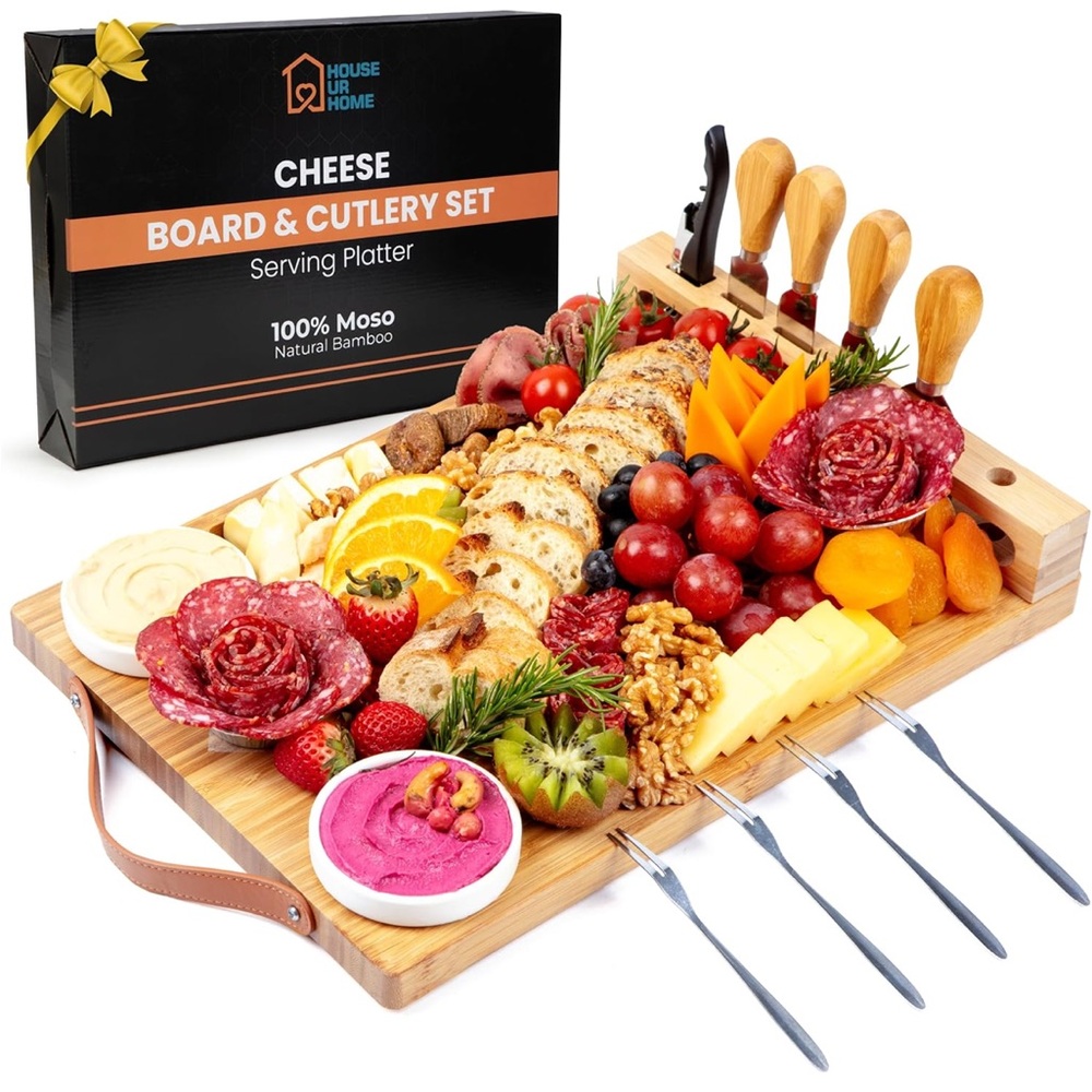 Bamboo Cheese Charcuterie Board,  Cutlery Set - Natural Wood